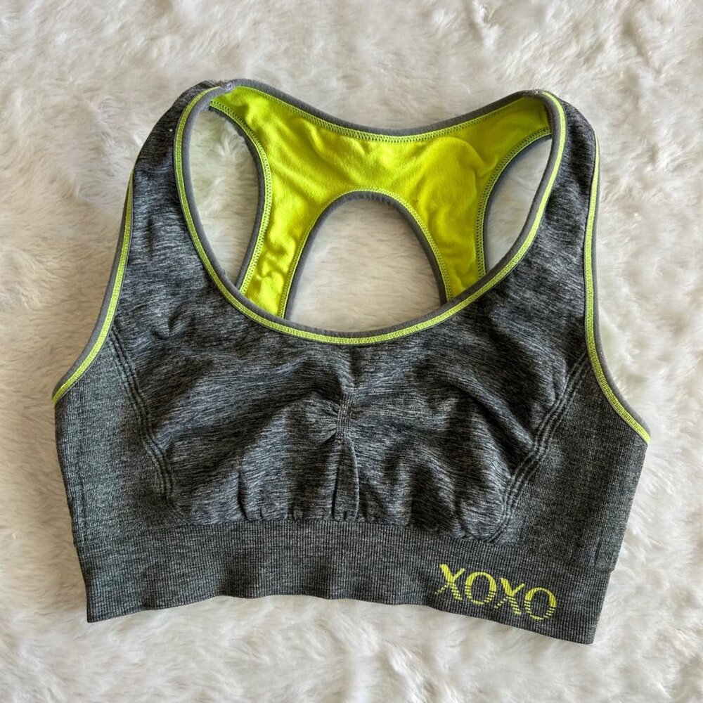 XOXO Women's‎ Racerback Sports Bra Gray & Neon Yellow Size Small
